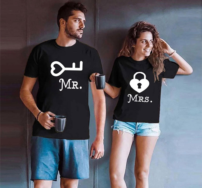 Mr. & Mrs. Love Couple Print Black T - shirt