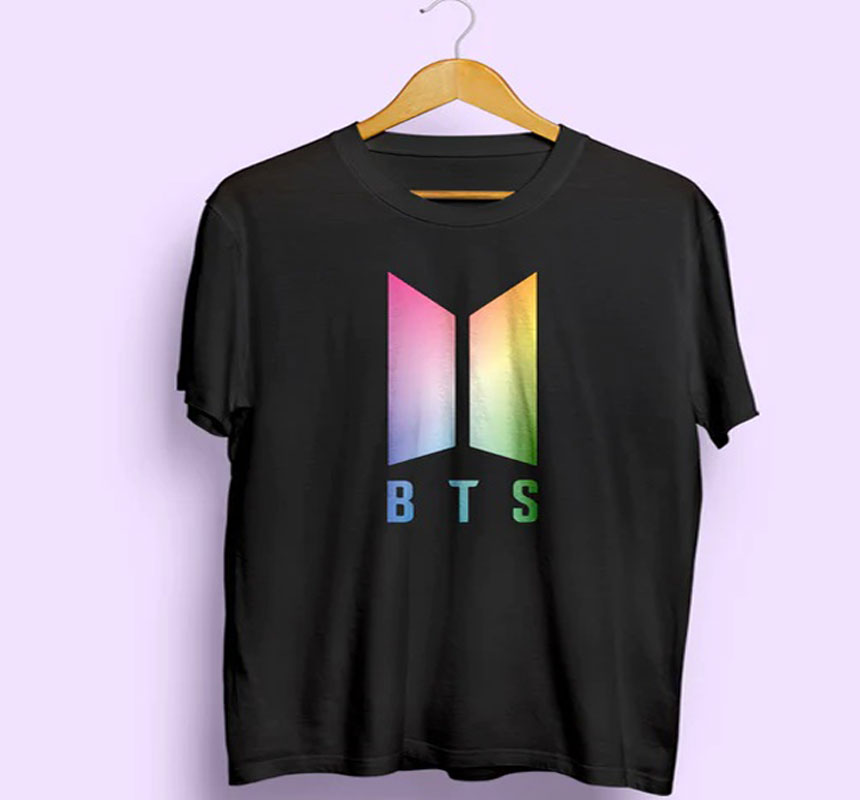 BTS Logo Blue Print Black Color Cotton T-shirt