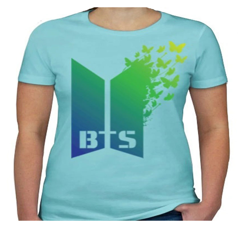 BTS Logo Green Print Blue Color Cotton T - shirt 
