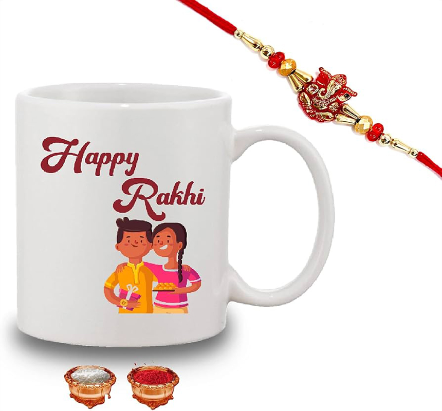 Rakhi designer with printed white mug 