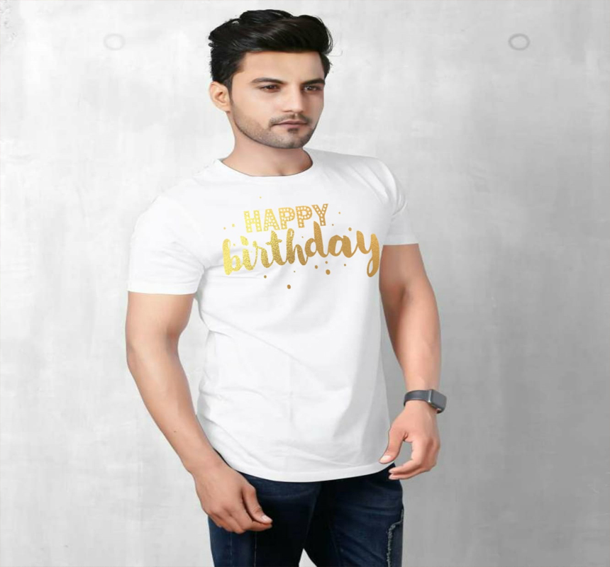 Round Neck  Happy Birthday  white Cotton T-Shirt