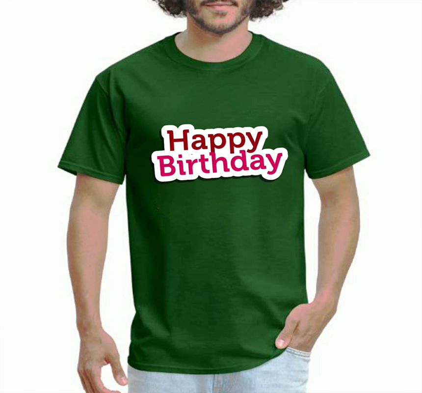 Collarless Green Color Happy Birthday Printed Cotton T-shirt